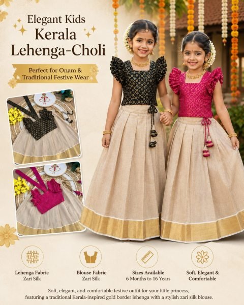 Cream Black Kids Kerala Tissue Silk Lehenga Choli for Onam Festival and Traditional Wear Girls Wear