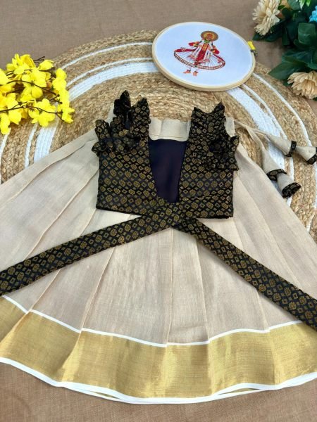 Cream Black Kids Kerala Tissue Silk Lehenga Choli for Onam Festival and Traditional Wear Girls Wear