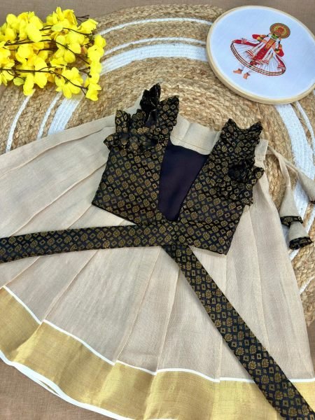 Cream Black Kids Kerala Tissue Silk Lehenga Choli for Onam Festival and Traditional Wear Girls Wear