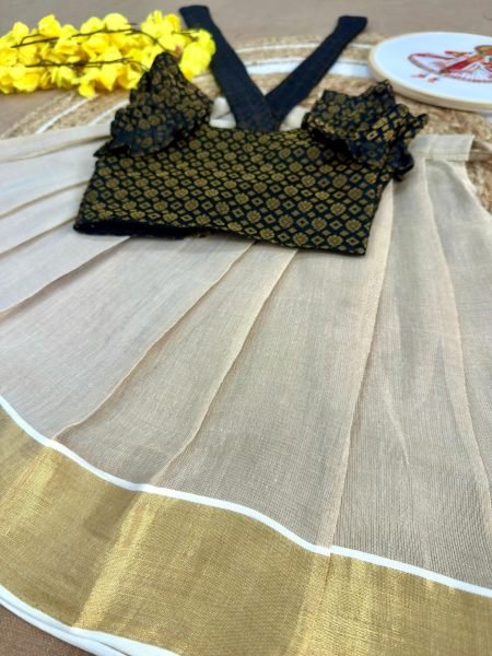 Cream Black Kids Kerala Tissue Silk Lehenga Choli for Onam Festival and Traditional Wear Girls Wear