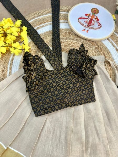 Cream Black Kids Kerala Tissue Silk Lehenga Choli for Onam Festival and Traditional Wear Girls Wear