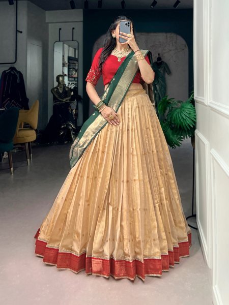 Cream Boutique Style Kanchipuram Silk Wedding Lehenga with Zari Weaving Work Designer Lehenga Choli