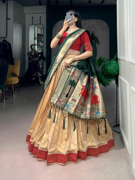 Cream Boutique Style Kanchipuram Silk Wedding Lehenga with Zari Weaving Work Designer Lehenga Choli