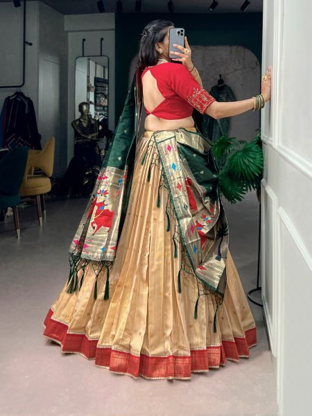 Cream Boutique Style Kanchipuram Silk Wedding Lehenga with Zari Weaving Work Designer Lehenga Choli