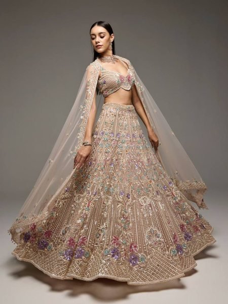 Cream Butterfly Net Lehenga Choli with Heavy Embroidery Work and Net Dupatta For Bridal  