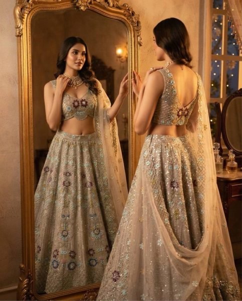 Cream Butterfly Net Lehenga Choli with Heavy Embroidery Work and Net Dupatta For Bridal  Bridal Lehenga Choli