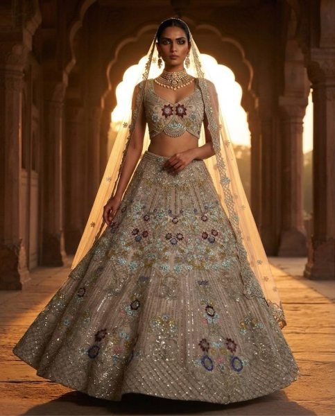 Cream Butterfly Net Lehenga Choli with Heavy Embroidery Work and Net Dupatta For Bridal  Bridal Lehenga Choli