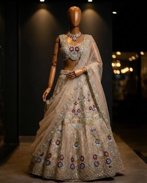 Cream Butterfly Net Lehenga Choli with Heavy Embroidery Work and Net Dupatta For Bridal  Bridal Lehenga Choli