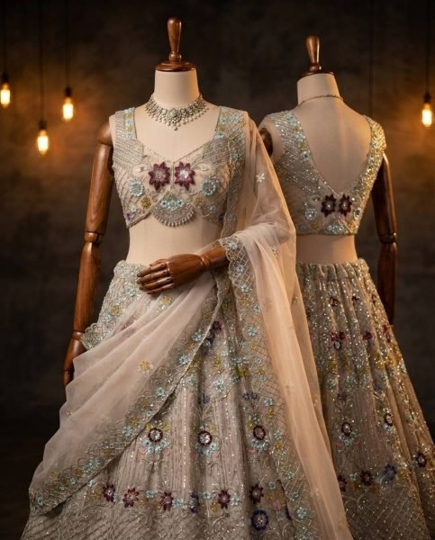 Cream Butterfly Net Lehenga Choli with Heavy Embroidery Work and Net Dupatta For Bridal  Bridal Lehenga Choli