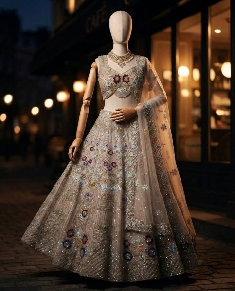 Cream Butterfly Net Lehenga Choli with Heavy Embroidery Work and Net Dupatta For Bridal  Bridal Lehenga Choli