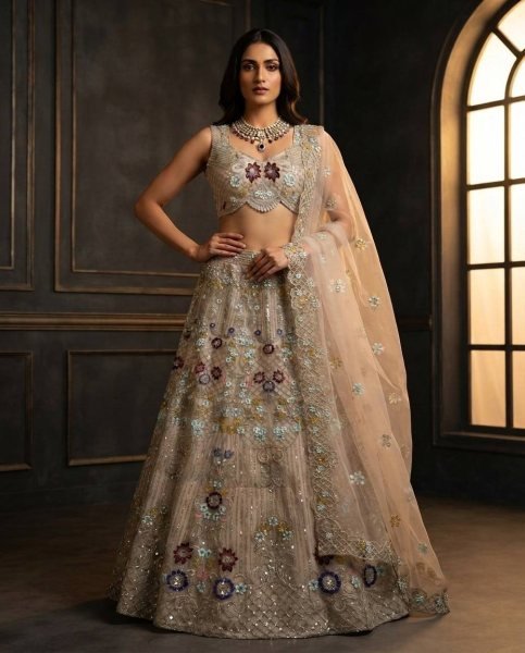 Cream Butterfly Net Lehenga Choli with Heavy Embroidery Work and Net Dupatta For Bridal  Bridal Lehenga Choli