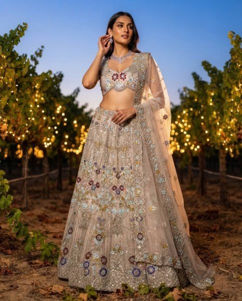 Cream Butterfly Net Lehenga Choli with Heavy Embroidery Work and Net Dupatta For Bridal  Bridal Lehenga Choli