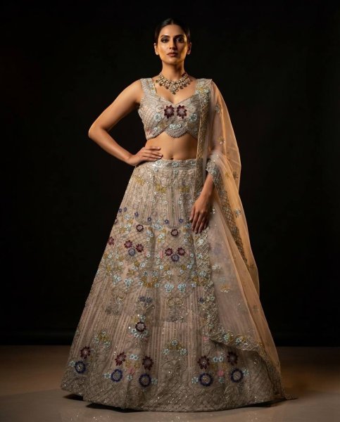 Cream Butterfly Net Lehenga Choli with Heavy Embroidery Work and Net Dupatta For Bridal  Bridal Lehenga Choli