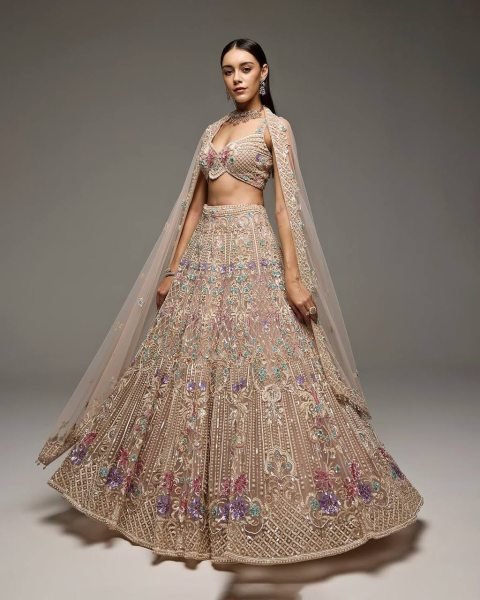 Cream Butterfly Net Lehenga Choli with Heavy Embroidery Work and Net Dupatta For Bridal  Bridal Lehenga Choli