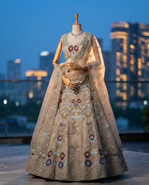 Cream Butterfly Net Lehenga Choli with Heavy Embroidery Work and Net Dupatta For Bridal  Bridal Lehenga Choli