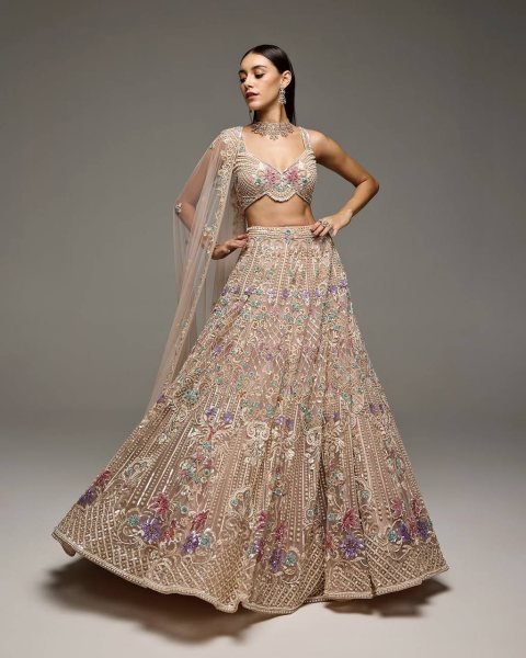 Cream Butterfly Net Lehenga Choli with Heavy Embroidery Work and Net Dupatta For Bridal  Bridal Lehenga Choli