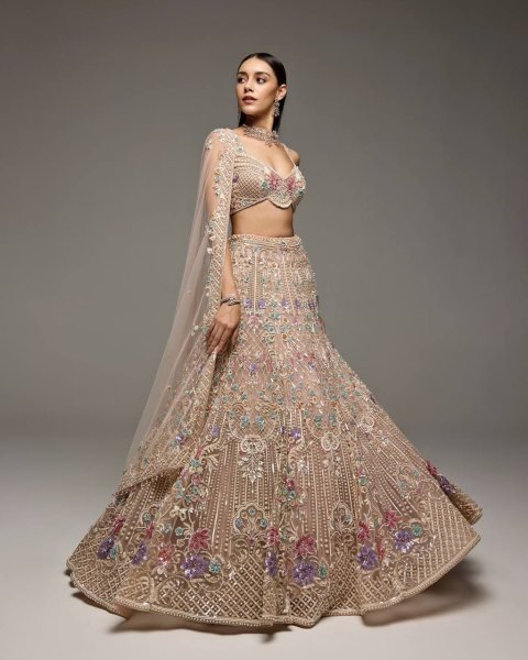 Cream Butterfly Net Lehenga Choli with Heavy Embroidery Work and Net Dupatta For Bridal  Bridal Lehenga Choli