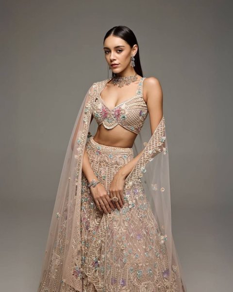 Cream Butterfly Net Lehenga Choli with Heavy Embroidery Work and Net Dupatta For Bridal  Bridal Lehenga Choli