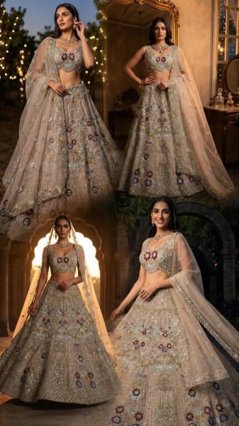 Cream Butterfly Net Lehenga Choli with Heavy Embroidery Work and Net Dupatta For Bridal  Bridal Lehenga Choli