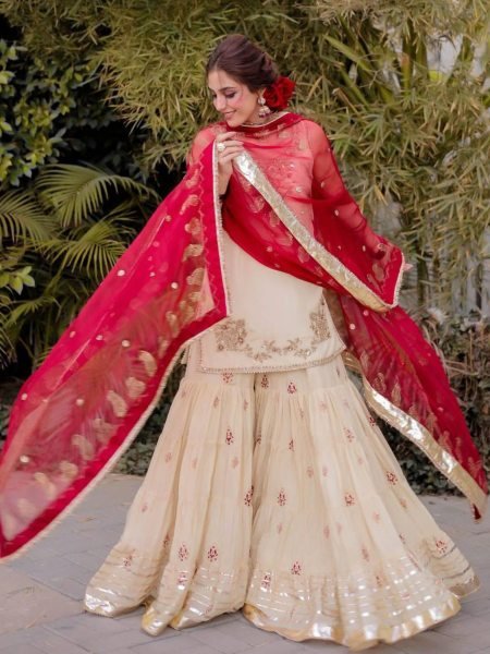 Cream Chinon Embroidered Sharara Suit with Red Dupatta Wedding Outfit Ready To Wear Suit