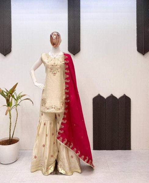 Cream Chinon Embroidered Sharara Suit with Red Dupatta Wedding Outfit Ready To Wear Collection