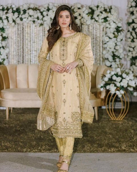 Cream Color Chinon Silk Suits With Beautiful Embroidered Work  Ready To Wear Collection