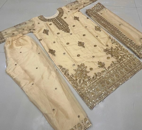 Cream Color Chinon Silk Suits With Beautiful Embroidered Work  Ready To Wear Collection