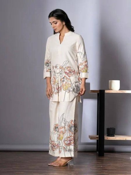 Cream Cotton Silk Co ord Set with Colorful Digital Prints Ideal for Daily Wear CO ORD Sets