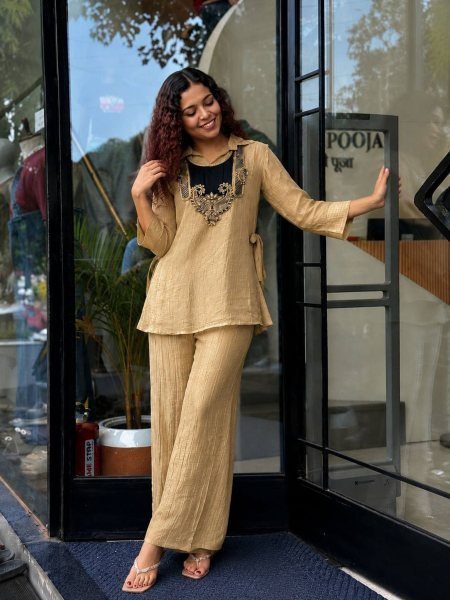 Cream Designer Crunchy Silk Kurti Palazzo Set with Fully Embroidered Koti at Wholesale Rate Kurtis