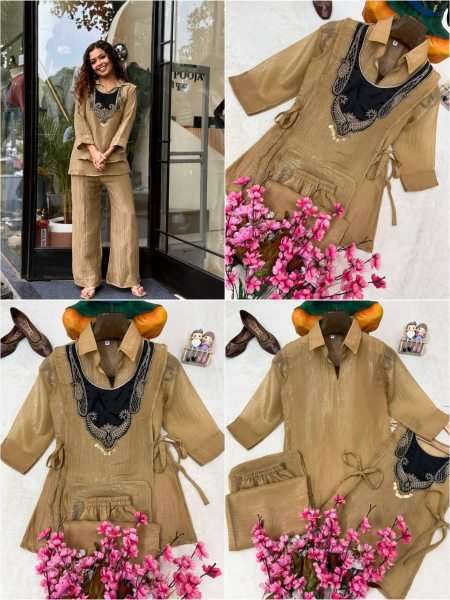 Cream Designer Crunchy Silk Kurti Palazzo Set with Fully Embroidered Koti at Wholesale Rate CO ORD Sets