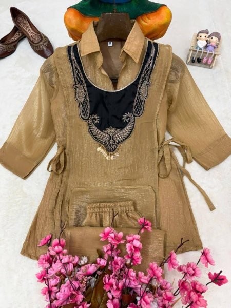 Cream Designer Crunchy Silk Kurti Palazzo Set with Fully Embroidered Koti at Wholesale Rate CO ORD Sets