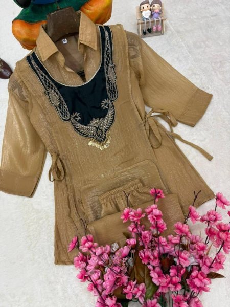 Cream Designer Crunchy Silk Kurti Palazzo Set with Fully Embroidered Koti at Wholesale Rate CO ORD Sets