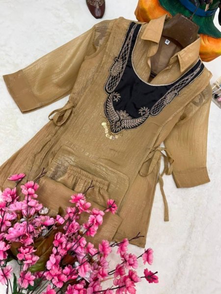 Cream Designer Crunchy Silk Kurti Palazzo Set with Fully Embroidered Koti at Wholesale Rate CO ORD Sets
