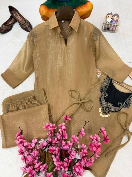 Cream Designer Crunchy Silk Kurti Palazzo Set with Fully Embroidered Koti at Wholesale Rate CO ORD Sets