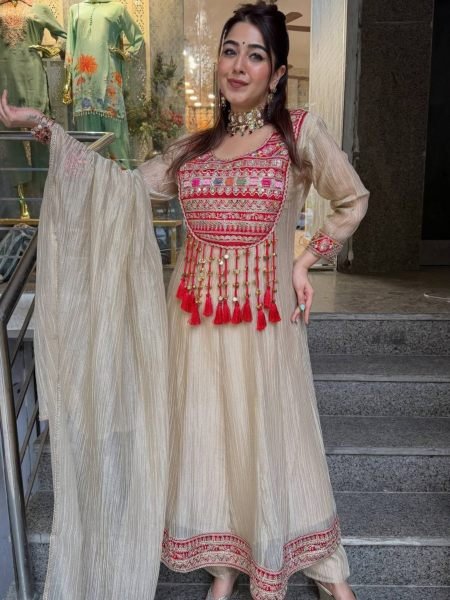 Cream Designer Salsa Crush Silk A Line Top with Sequin Embroidery for Festival Ready To Wear Suit