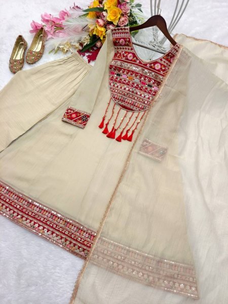 Cream Designer Salsa Crush Silk A Line Top with Sequin Embroidery for Festival Ready To Wear Collection