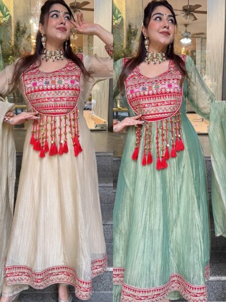 Cream Designer Salsa Crush Silk A Line Top with Sequin Embroidery for Festival Ready To Wear Collection