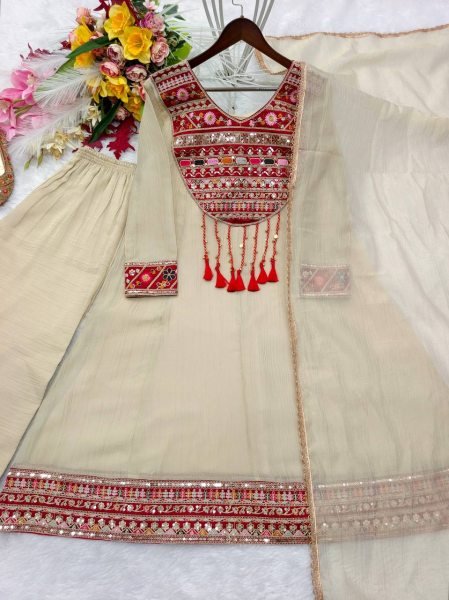 Cream Designer Salsa Crush Silk A Line Top with Sequin Embroidery for Festival Ready To Wear Collection