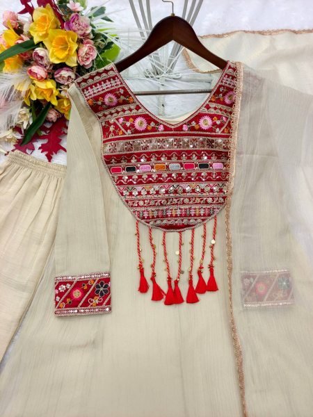 Cream Designer Salsa Crush Silk A Line Top with Sequin Embroidery for Festival Ready To Wear Collection