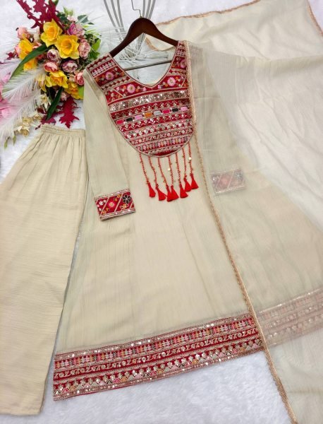 Cream Designer Salsa Crush Silk A Line Top with Sequin Embroidery for Festival Ready To Wear Collection