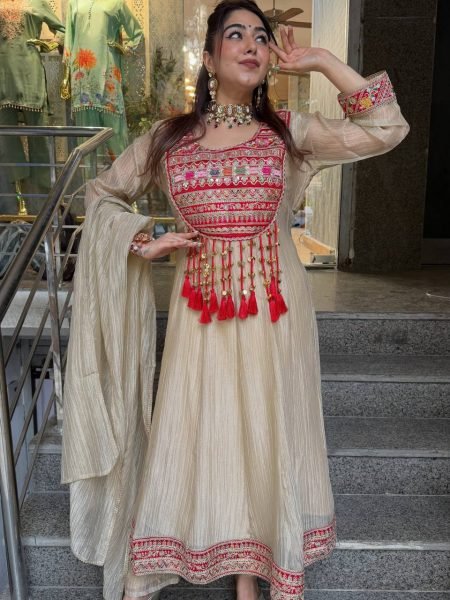 Cream Designer Salsa Crush Silk A Line Top with Sequin Embroidery for Festival Ready To Wear Collection