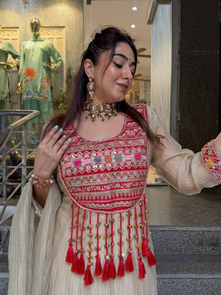 Cream Designer Salsa Crush Silk A Line Top with Sequin Embroidery for Festival Ready To Wear Collection