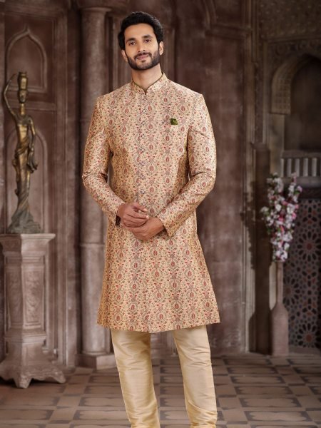 Cream Dupion Art Silk Sherwani Set with Chudidar for Wedding Wear Mens Wear