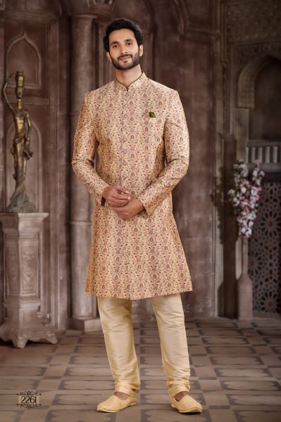 Cream Dupion Art Silk Sherwani Set with Chudidar for Wedding Wear Kurta Pajama Wholesale