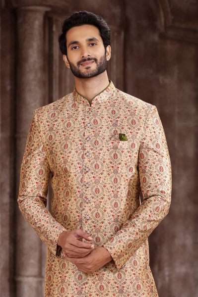 Cream Dupion Art Silk Sherwani Set with Chudidar for Wedding Wear Kurta Pajama Wholesale