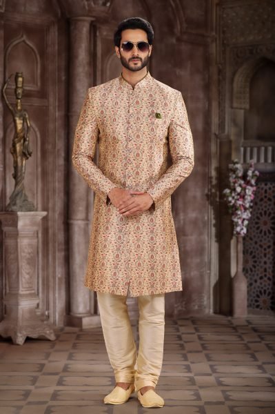 Cream Dupion Art Silk Sherwani Set with Chudidar for Wedding Wear Kurta Pajama Wholesale