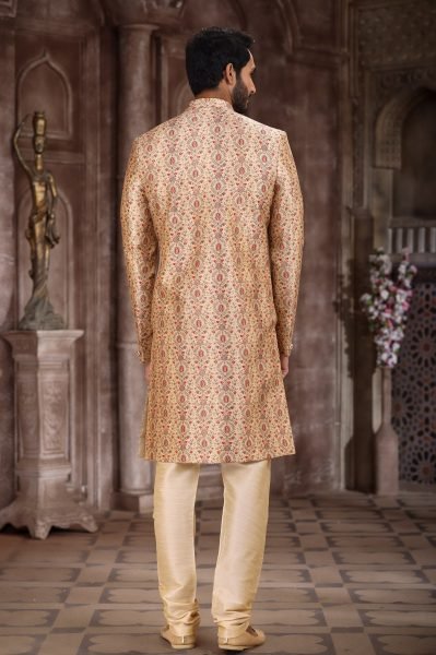 Cream Dupion Art Silk Sherwani Set with Chudidar for Wedding Wear Kurta Pajama Wholesale