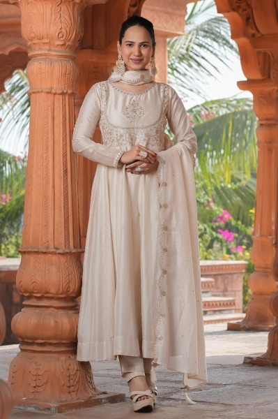 Cream Embroidered Silk Blend Anarkali Kurta With Dupatta Set Anarkali Kurtis 