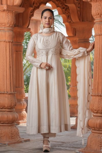 Cream Embroidered Silk Blend Anarkali Kurta With Dupatta Set Anarkali Kurtis 