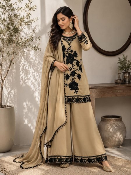 Cream Faux Georgette Three Piece Suit Set with Embroidery Work and Fancy Latkan Dupatta 